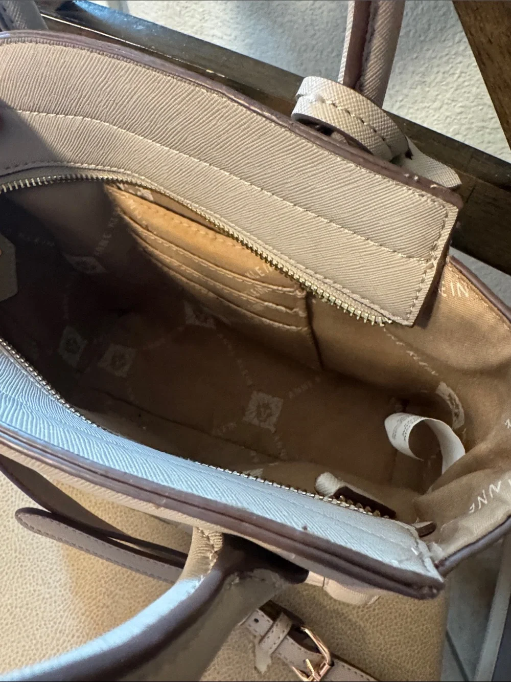 Anne Klein Light Tan Logo-Embossed Satchel with Gold Hardware